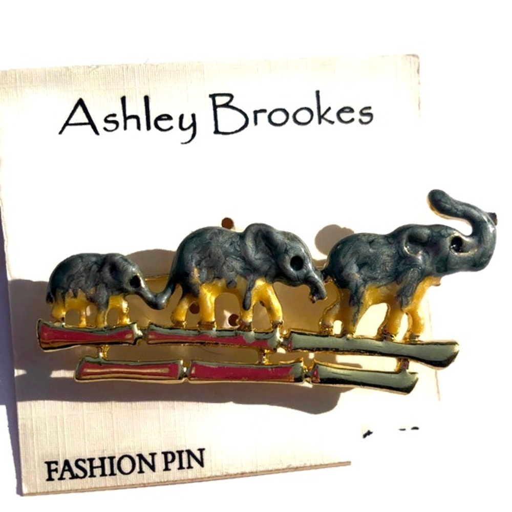 Ashley Brookes Elephants Walking Enameled Brooch